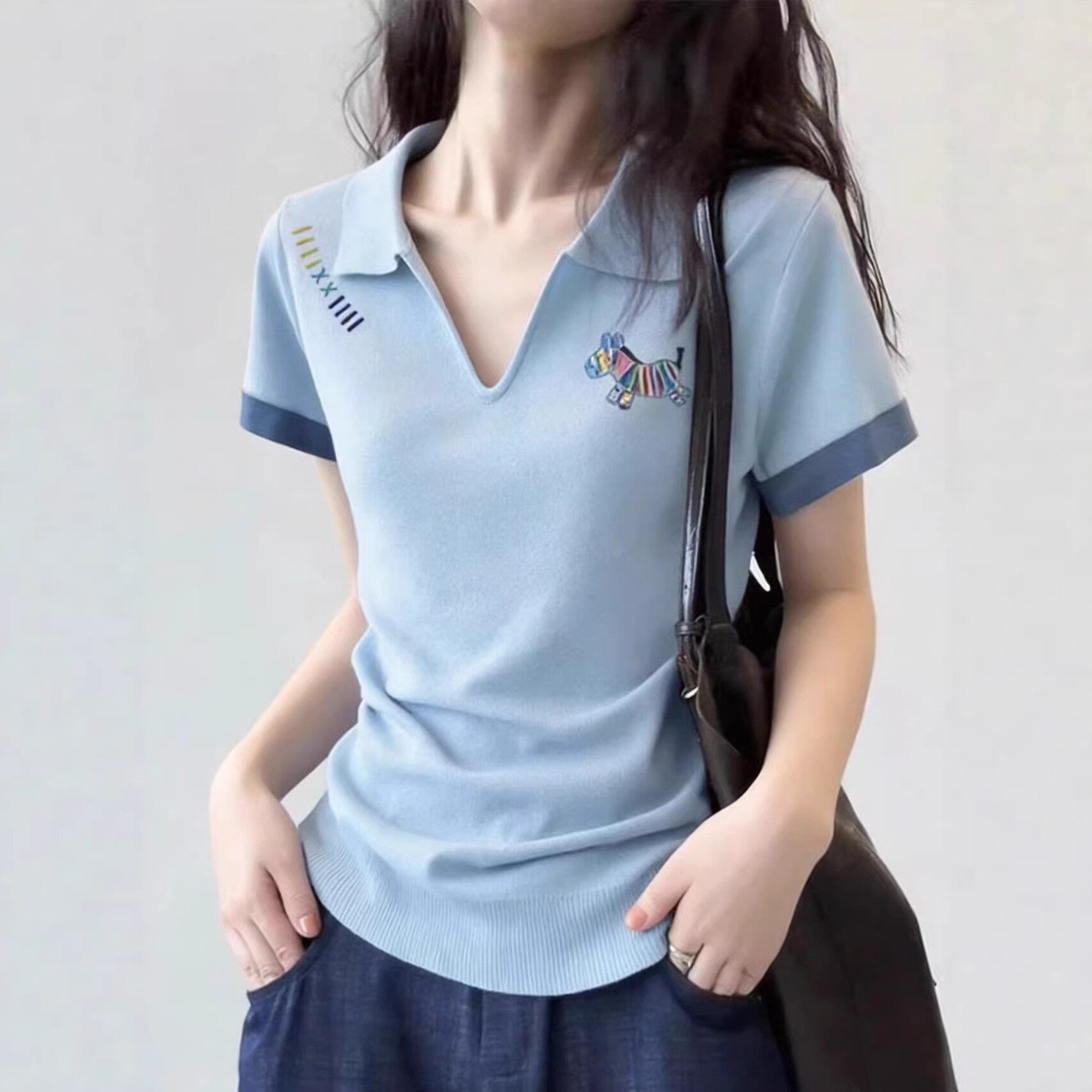 POLO领小马短袖针织衫女高级感百搭上衣夏季修身短款独特漂亮小衫