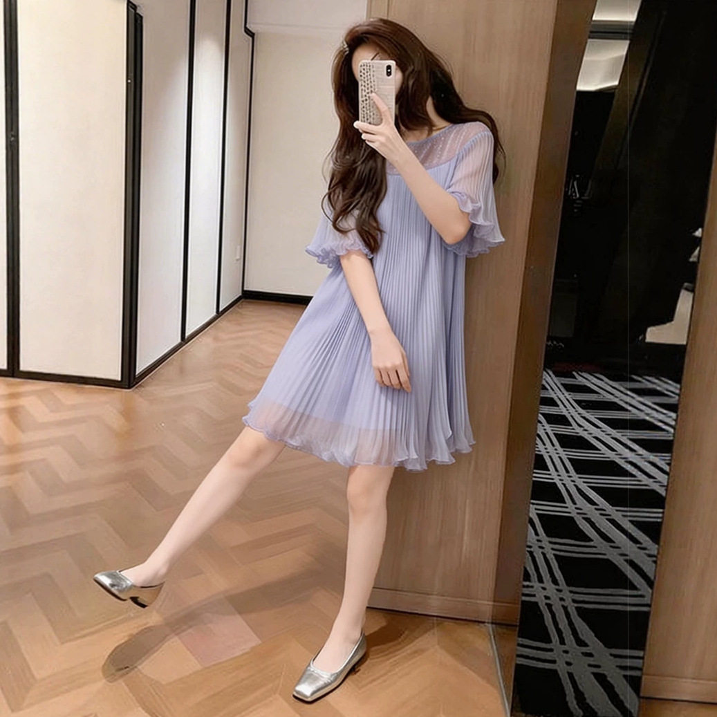 法式气质紫色百褶连衣裙女2026夏季新款特别漂亮高级感巨好看裙子