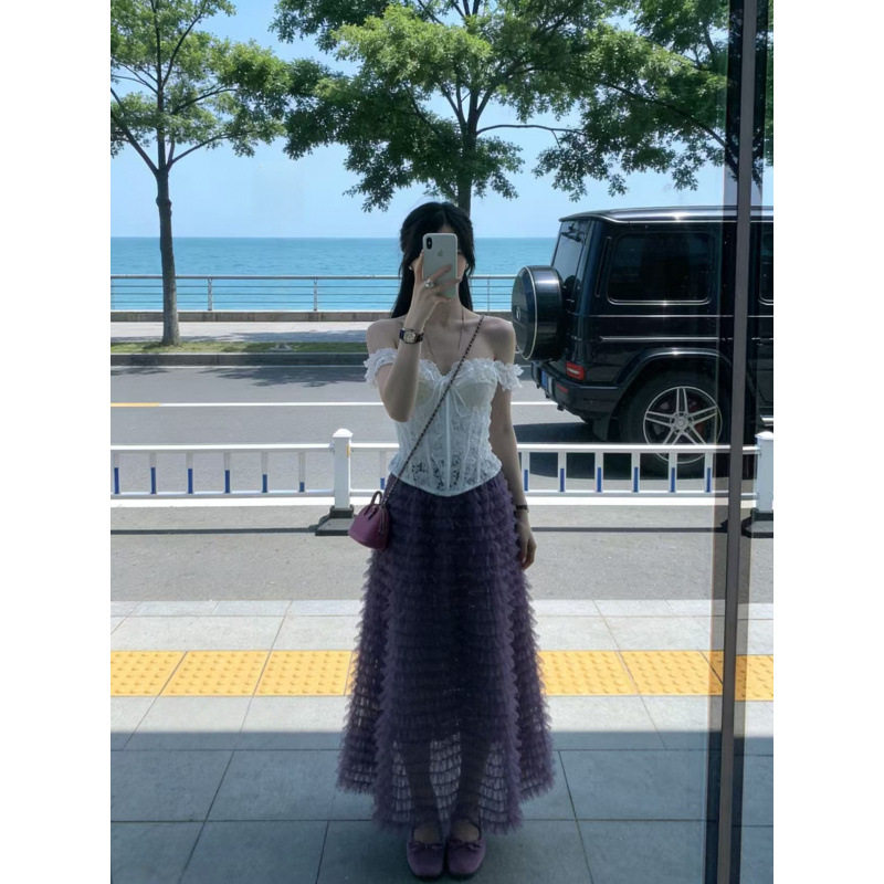 法式收腰蕾丝抹胸吊带上衣两件套女甜美高腰立体花朵半身裙两件套
