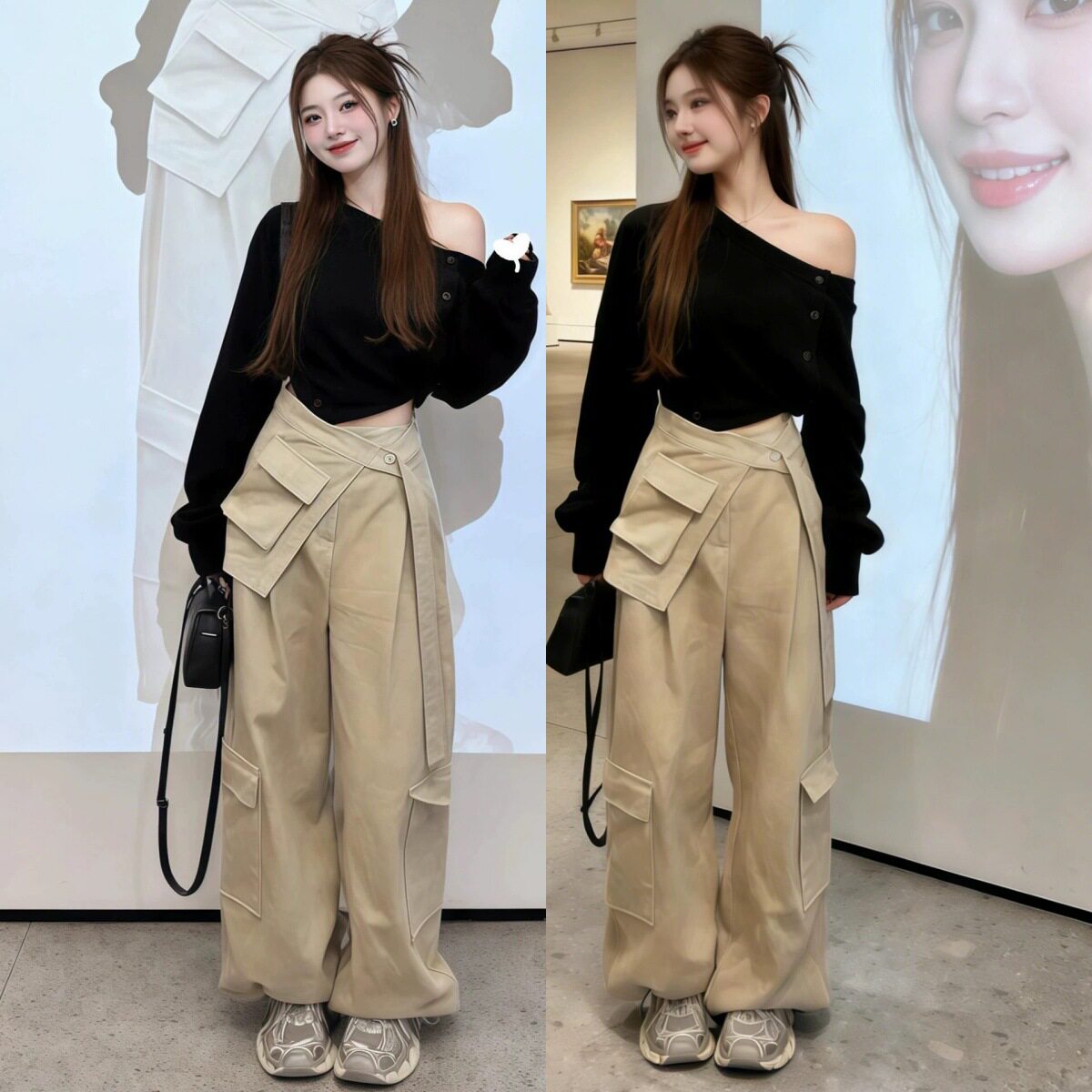 休闲风穿搭一整套2026超火减龄早春黑色斜肩上衣女裤子套装春季