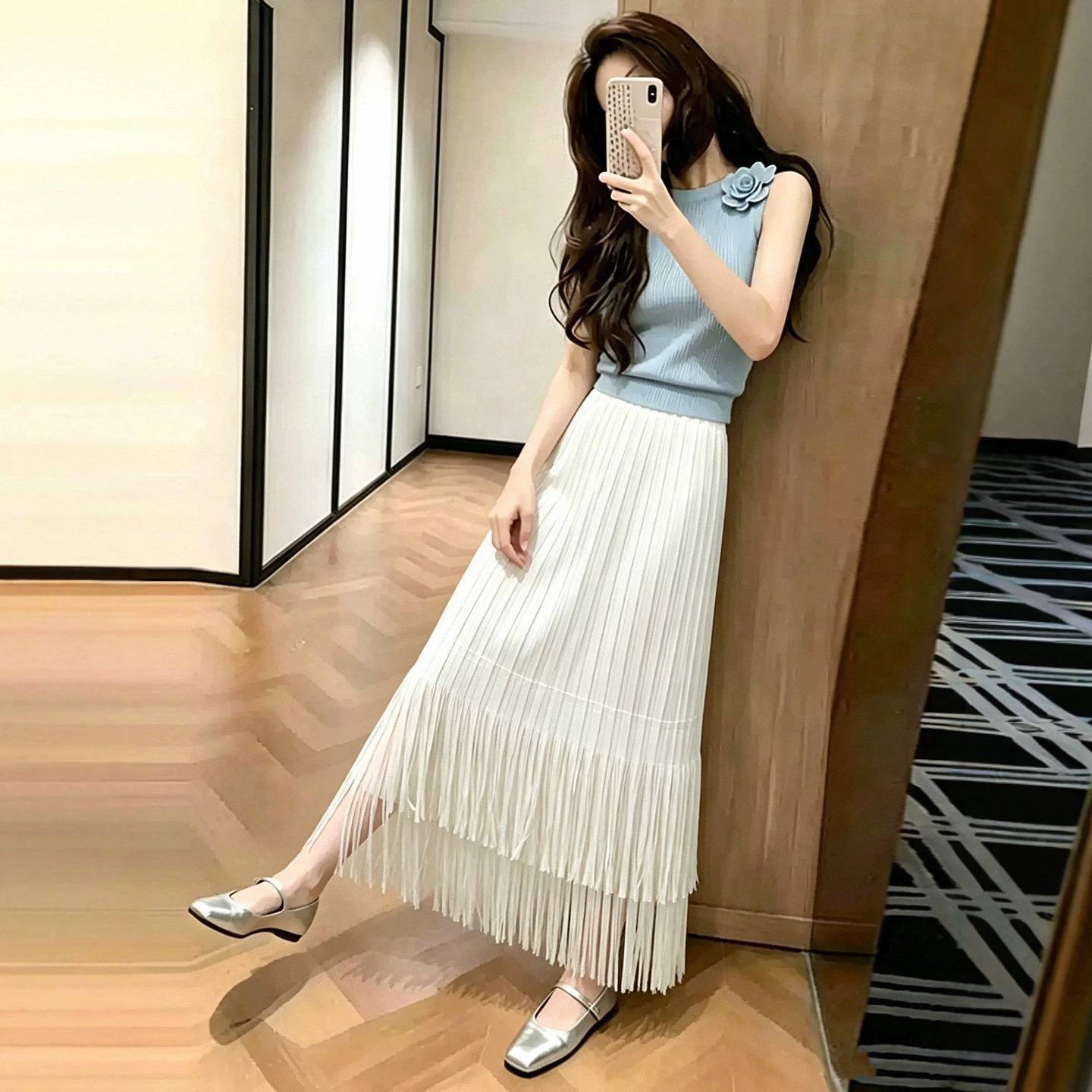 气质蓝色上衣半身裙子两件套女2026夏季小个子漂亮无袖穿搭一整套