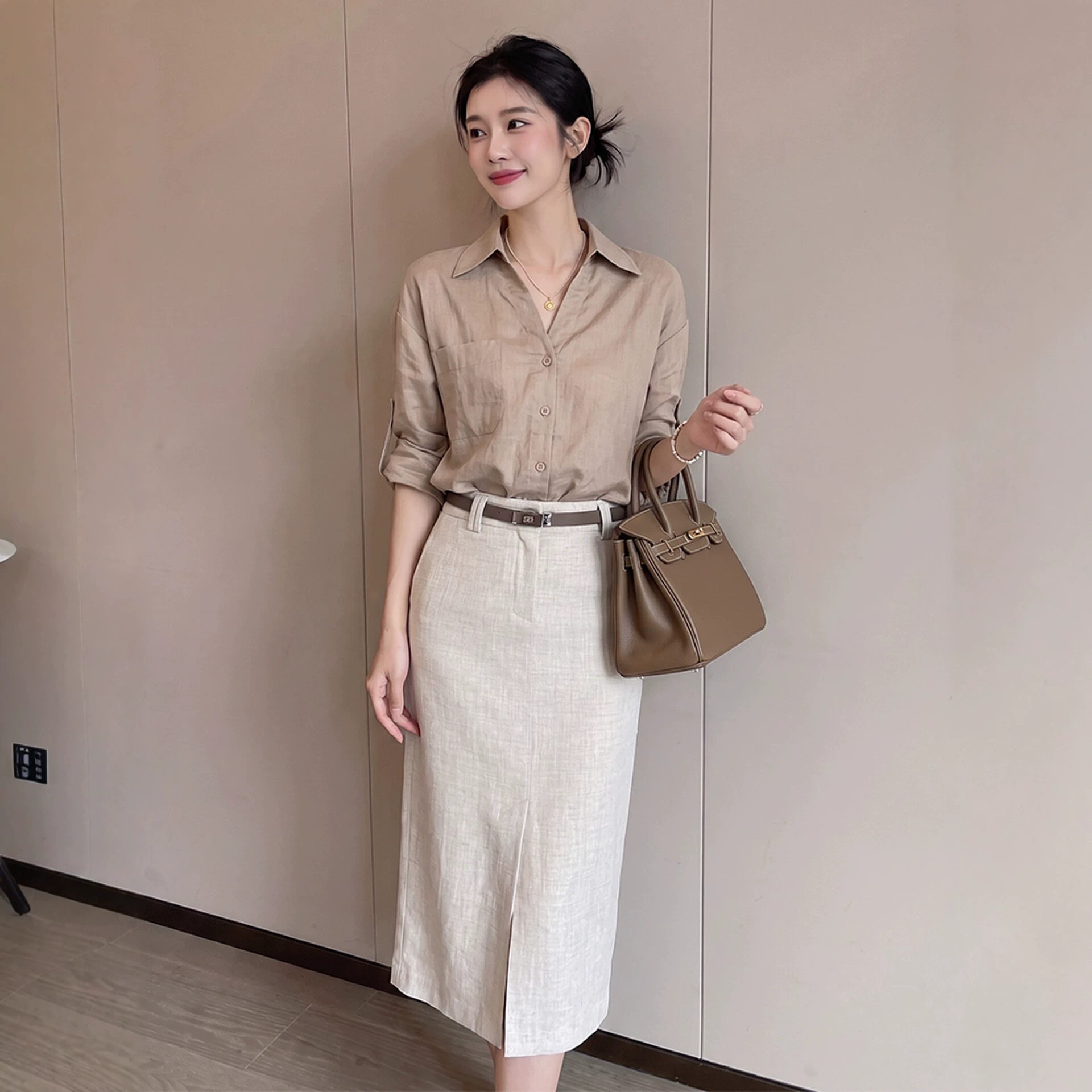 淡人高知女装穿搭一整套干练气质小香风卡其色衬衫套装女装秋季