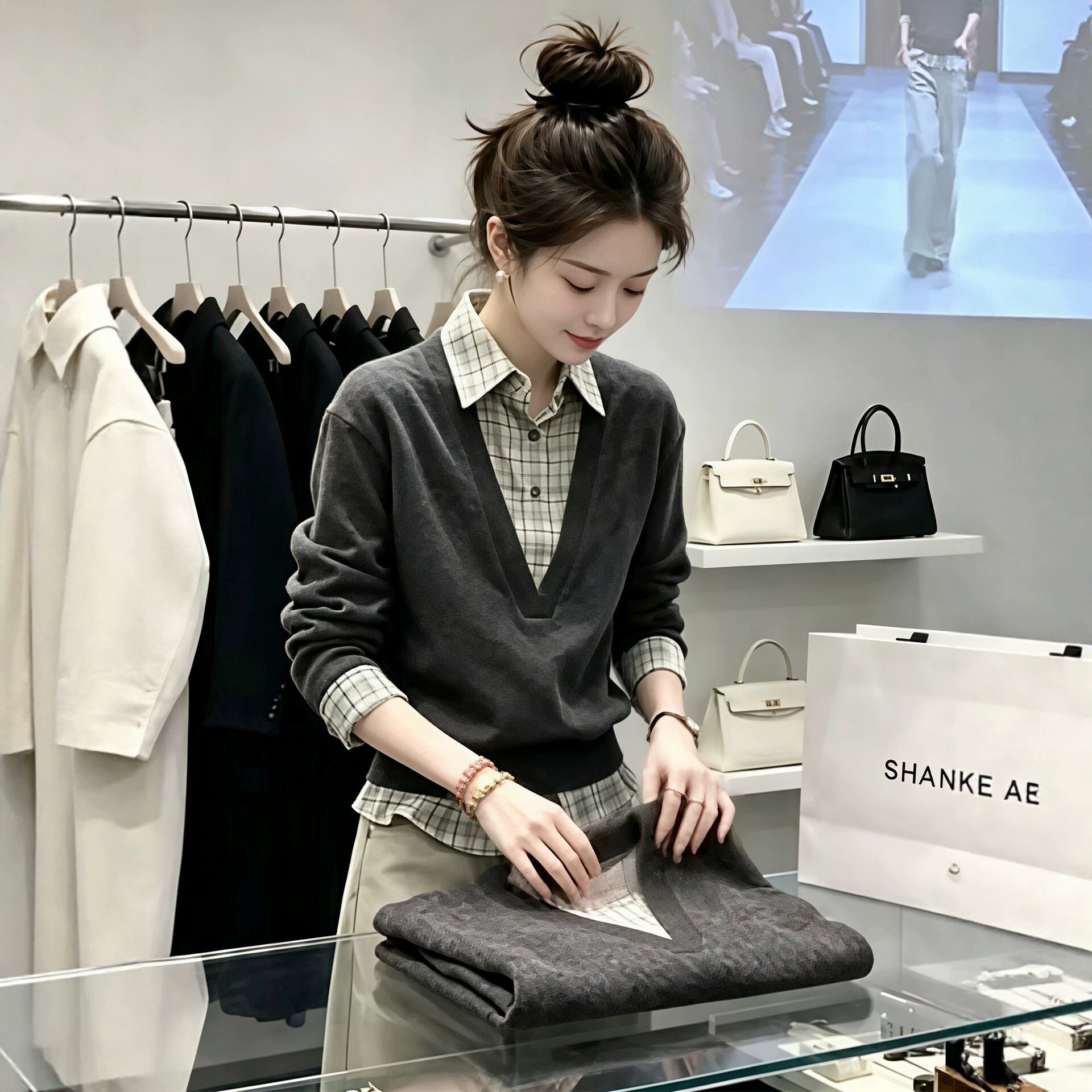 格纹领拼接假两件针织衫女初秋超好看宽松休闲慵懒打底内搭上衣