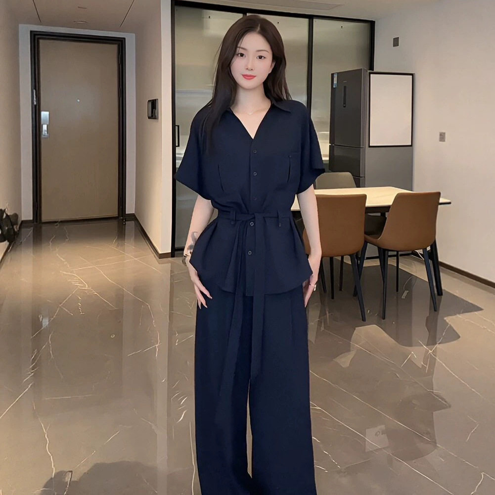 巨好看的夏季穿搭韩系通勤短袖衬衫搭宽松休闲阔腿裤高级感两件套