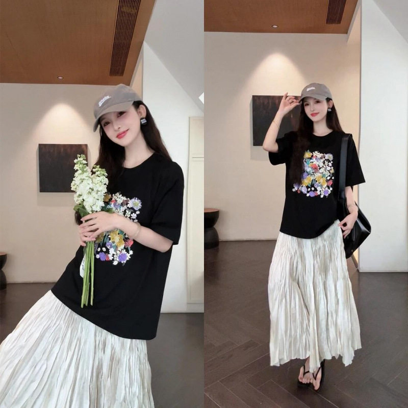 小个子慵懒风宽松印花短袖T恤穿搭褶皱半身裙两件套夏日韩系套装