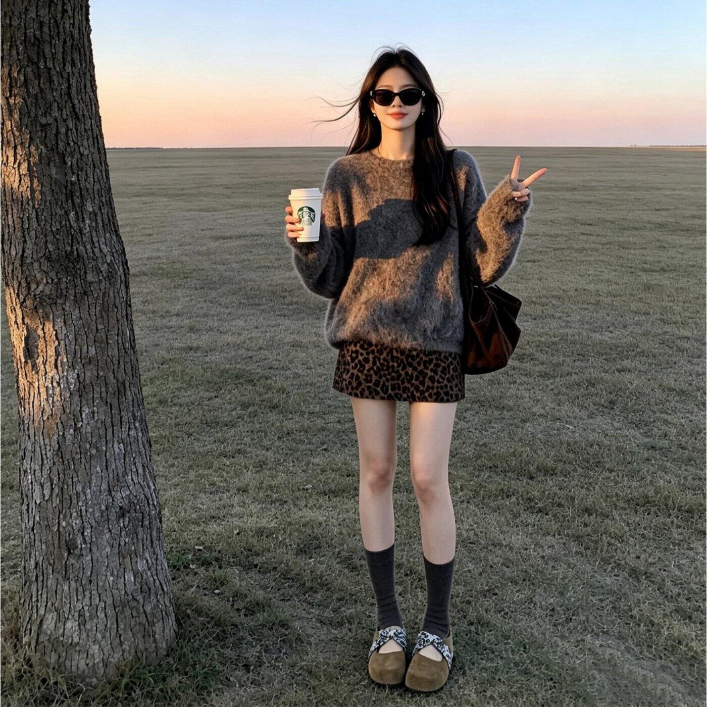 慵懒风女装穿搭一整套毛衣高级感针织衫豹纹裙子套装气质女装套装