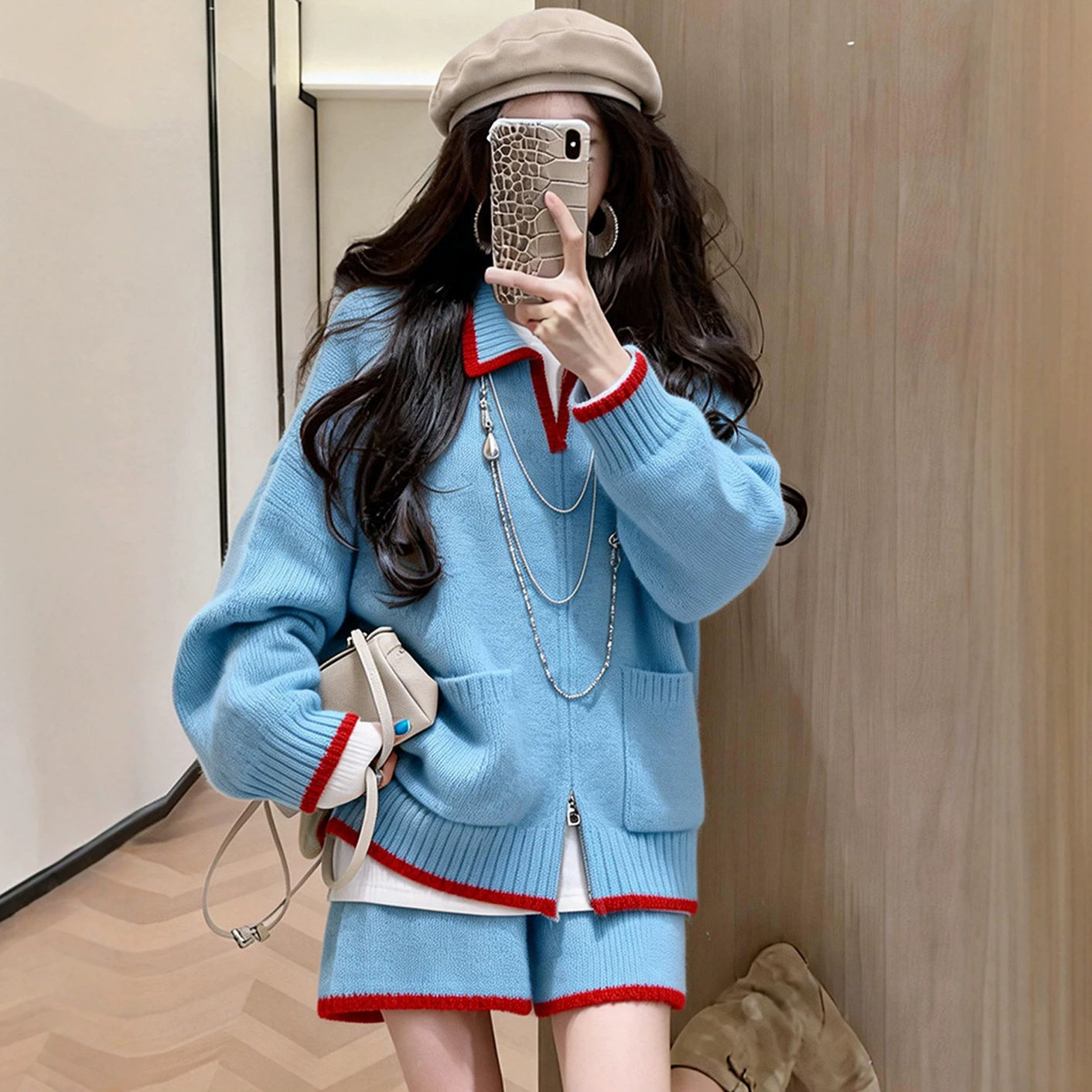 蓝色翻领毛衣套装女2026新款秋冬季新款女装穿搭一整套短裤两件套