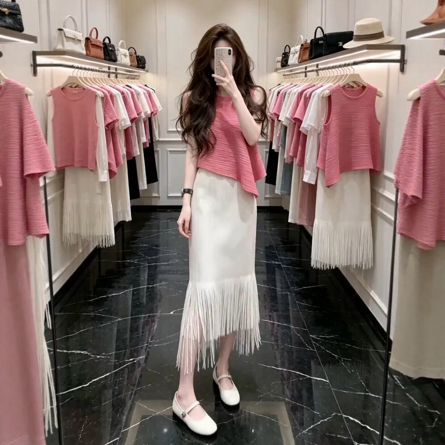 设计感高级不规则圆领褶皱上衣女修身显瘦中长款流苏半身裙两件套