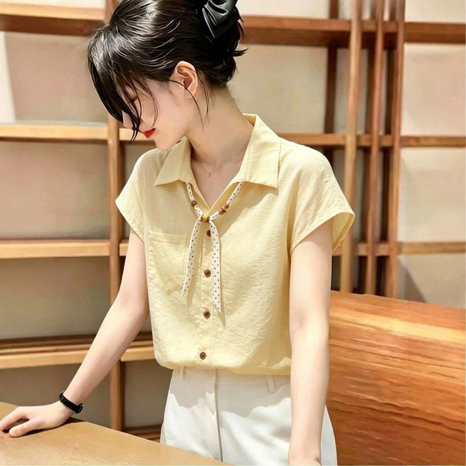 丝巾翻领黄色短袖衬衫女款2026新款夏季独特漂亮巨好看法式上衣