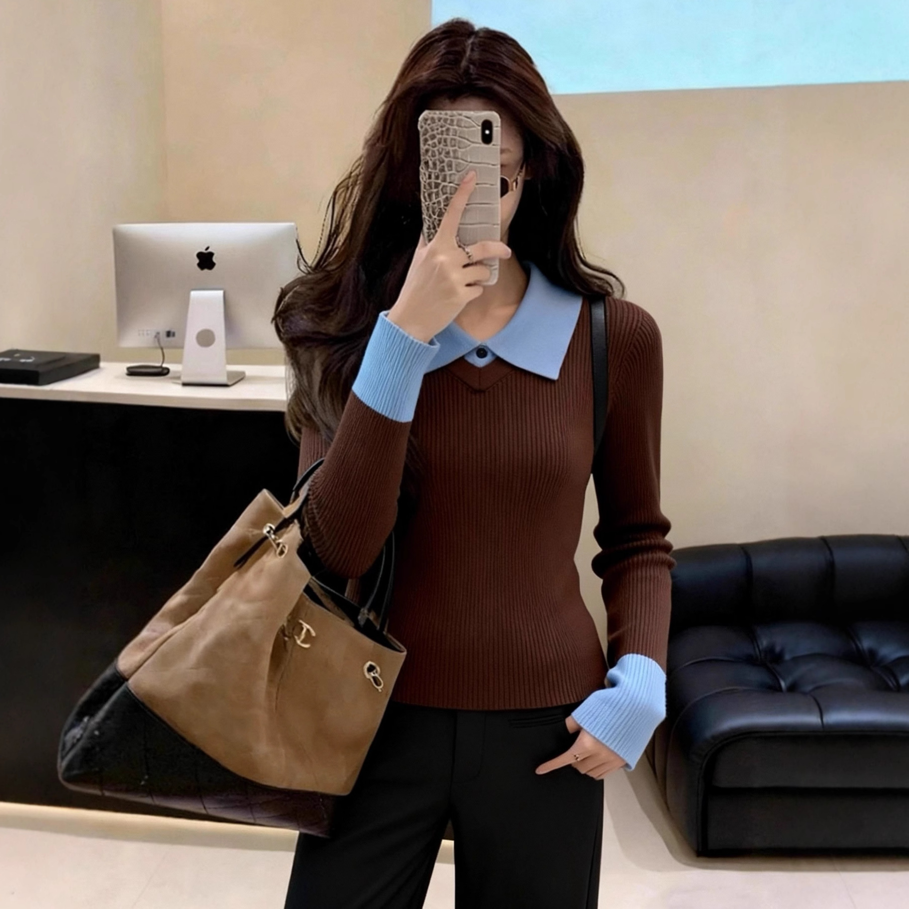 设计感Polo领拼接撞色长袖针织衫女秋冬季内搭打底修身假两件上衣