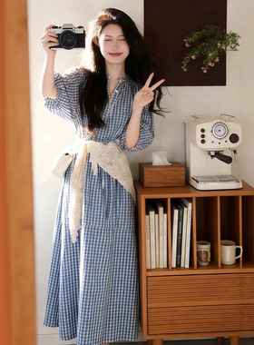 清纯白月光甜美风蓝色格子连衣裙女夏日系简约学院风小个子仙女裙