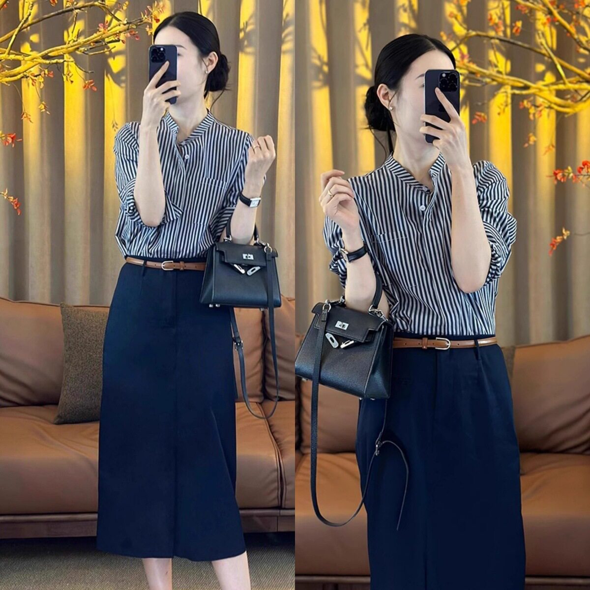 早春季新款小个子穿搭一整套女条纹衬衫半身裙职业气质两件套装