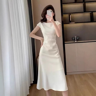 小个子气质简约白色收腰显瘦鱼尾长裙女夏季修身中长款连衣裙子