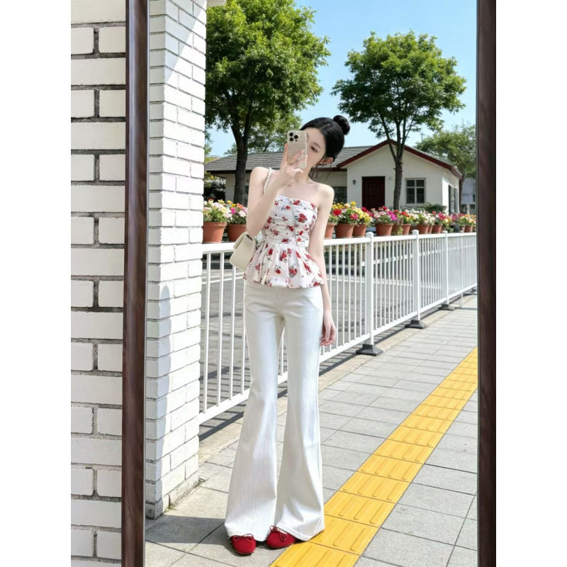 纯欲辣妹碎花抹胸背心上衣+微喇牛仔裤两件套女纯欲气质修身套装