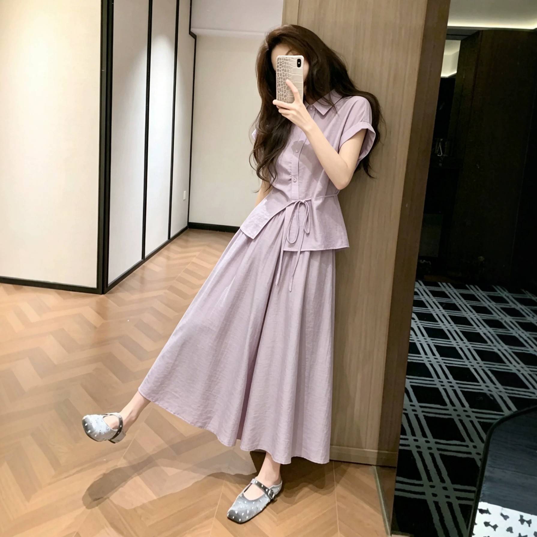 2026超火减龄套装女新款紫色系带短袖衬衫高腰a字半身裙两件套潮