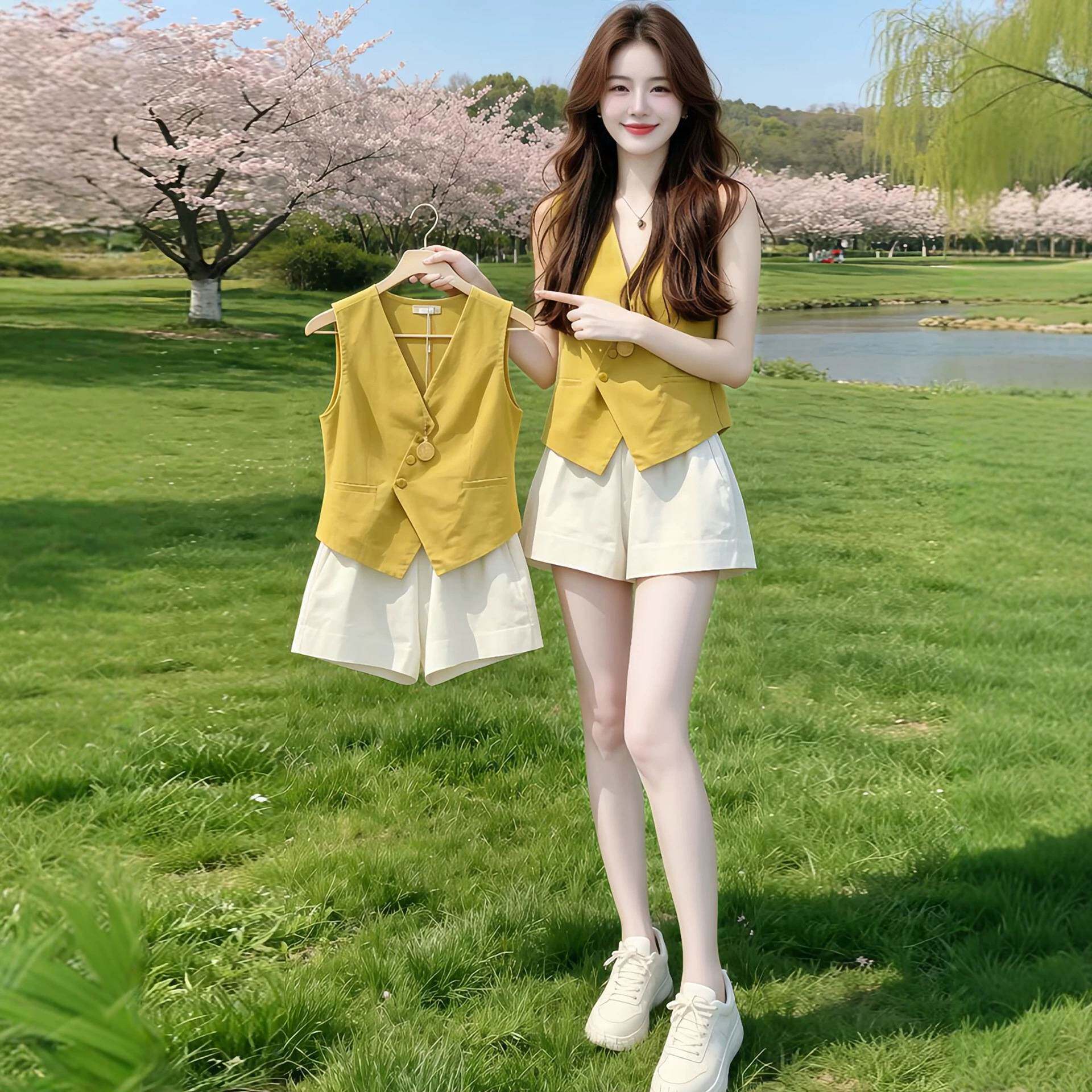 气质ootd穿搭一整套装女夏季无袖背心马甲上衣阔腿短裤时尚两件套