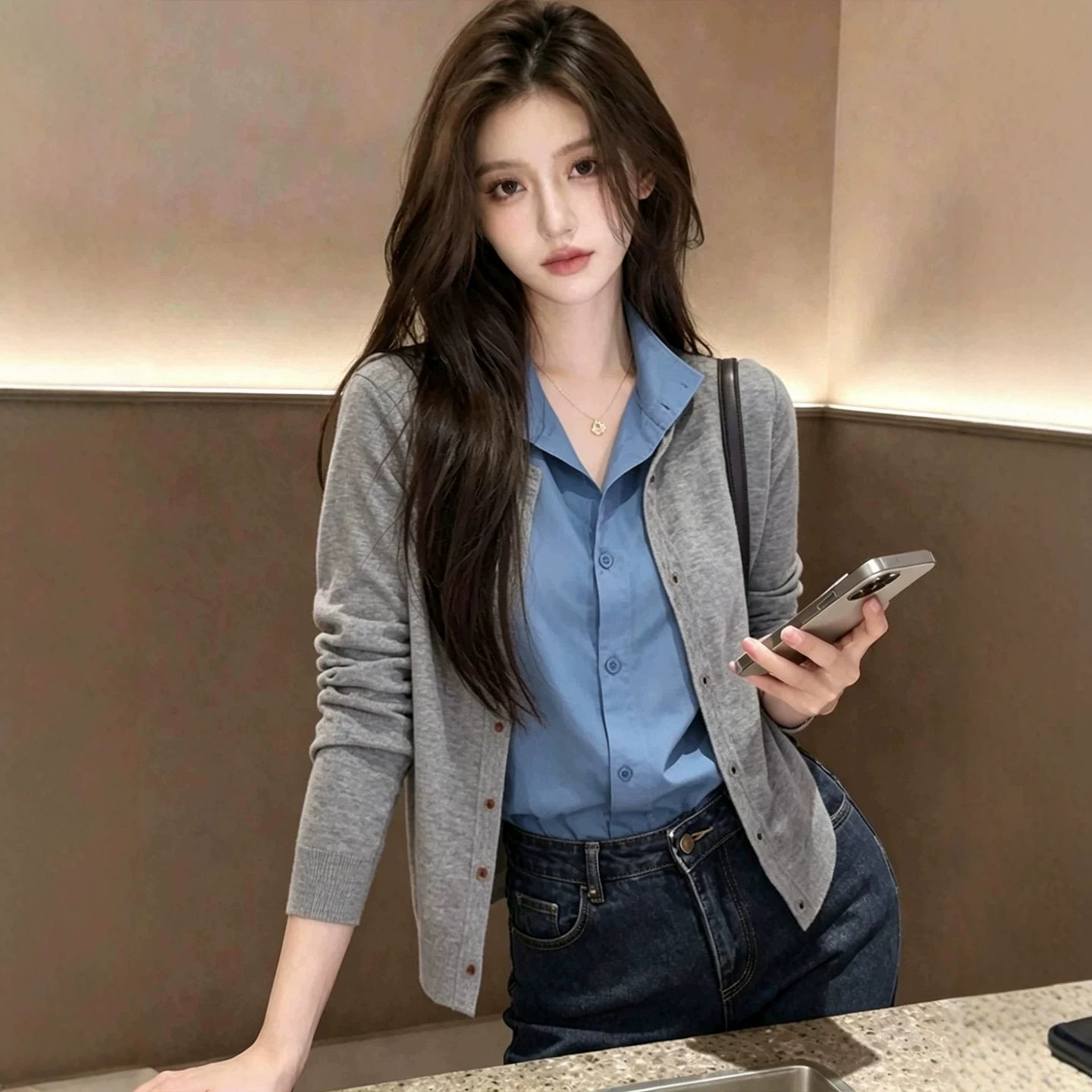 韩系拼接衬衫假两件毛衣女2026秋季新款百搭氛围感开衫长袖上衣女