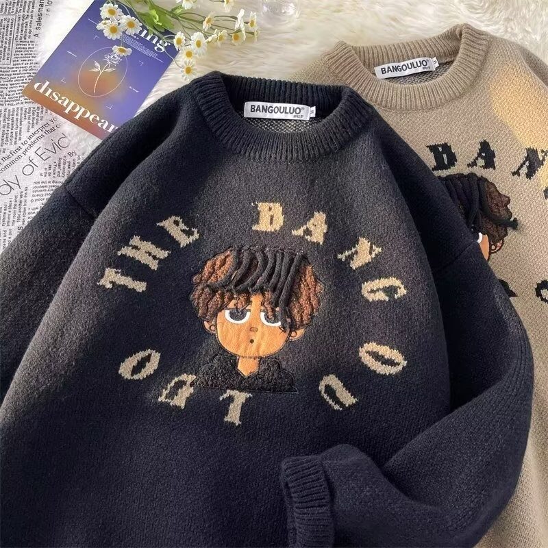 秋冬加厚毛衣男圆领套头潮牌青少年日系复古百搭设计感小众针织衫