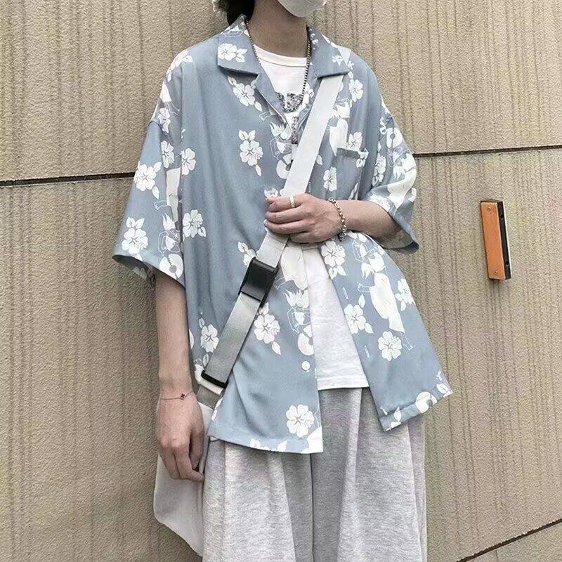 美式夏威夷休闲情侣古巴领衬衫男短袖夏天潮男半袖花衬衣宽松寸衫