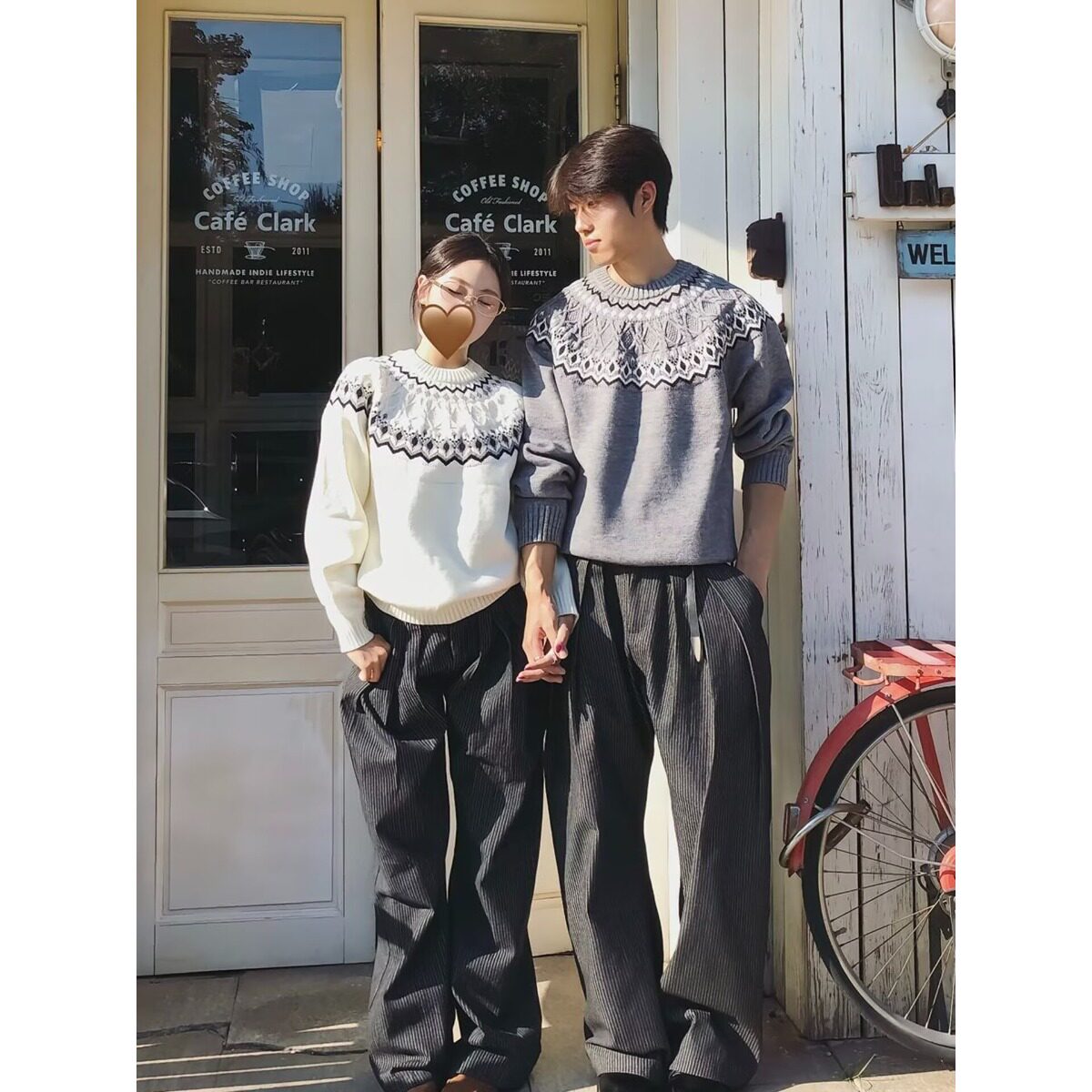 费尔岛提花圆领情侣毛衣男女2026新款宽松复古撞色套头针织衫上衣