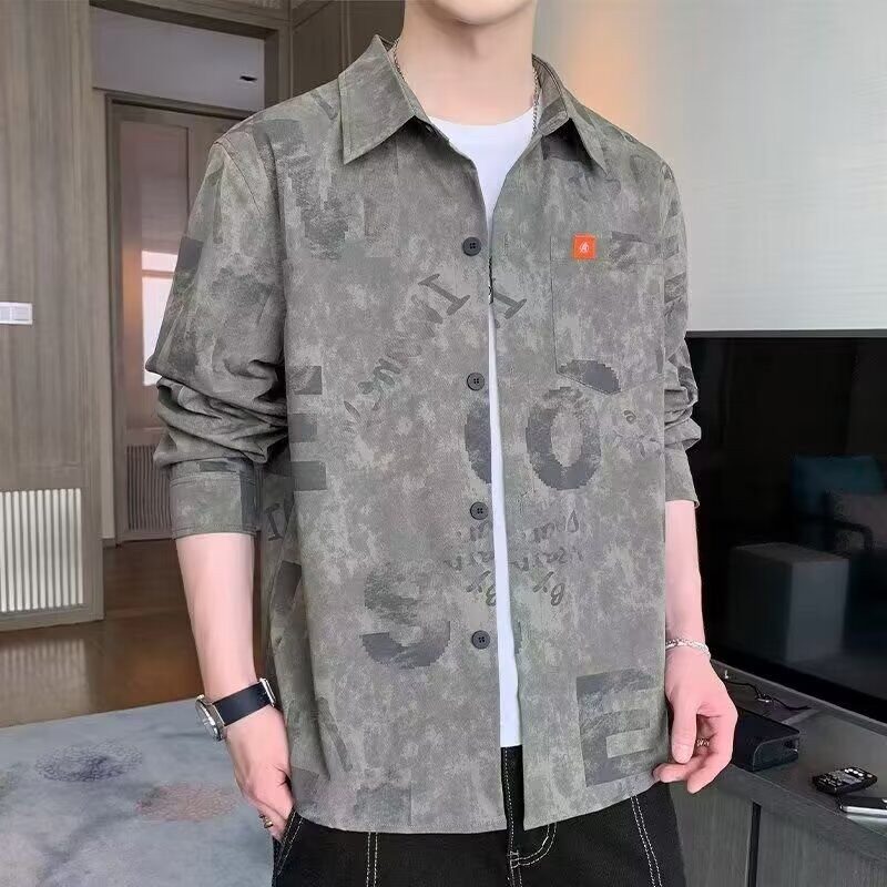男士秋季新款商务时尚潮流韩版个性帅气长袖百搭轻奢简约花纹衬衫