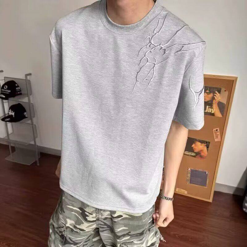 夏季刺绣灰色短袖t恤男女cleanfit美式高街2026情侣修身正肩上衣