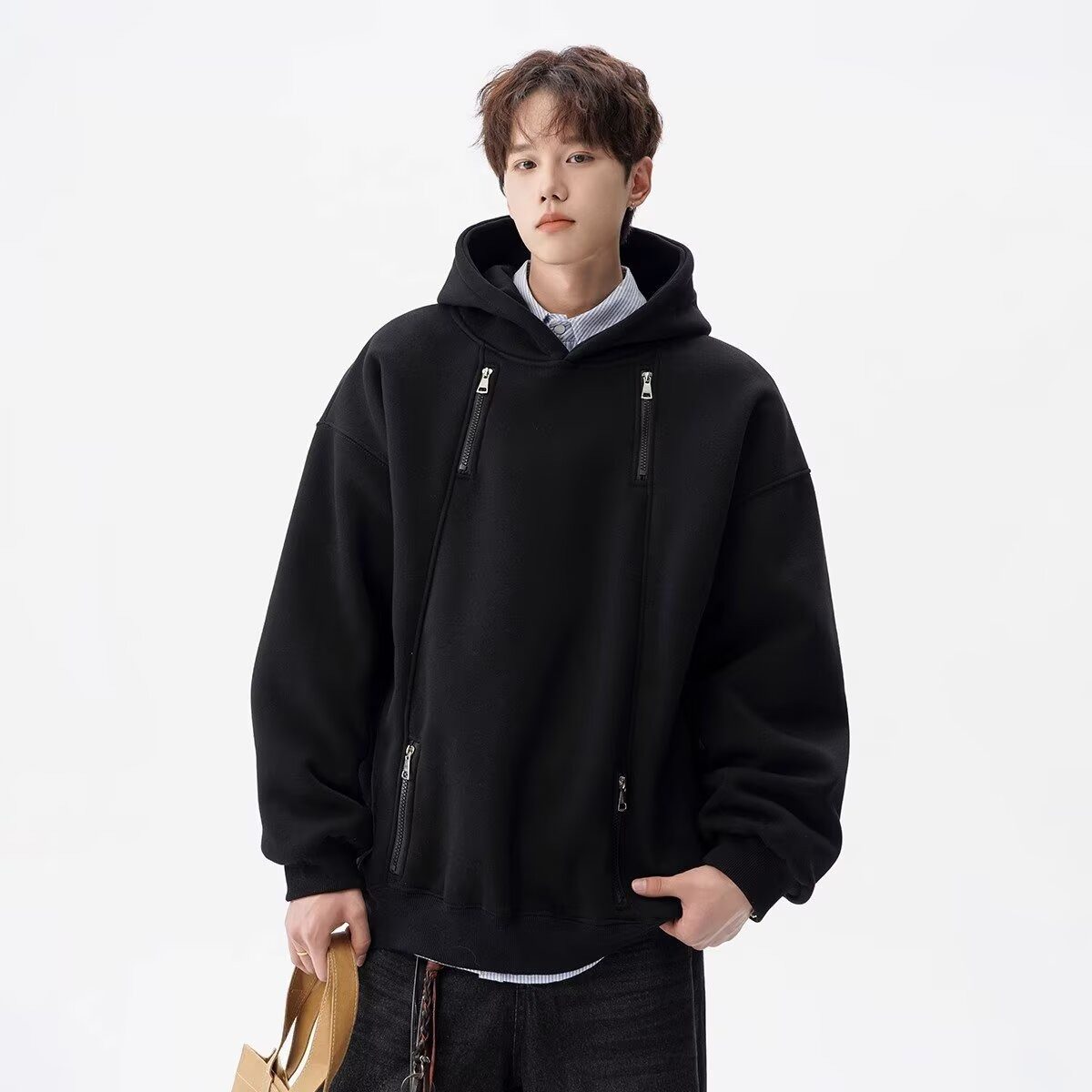 美式重磅连帽灰色卫衣男款潮牌高街双拉链设计感宽松百搭帽衫外套