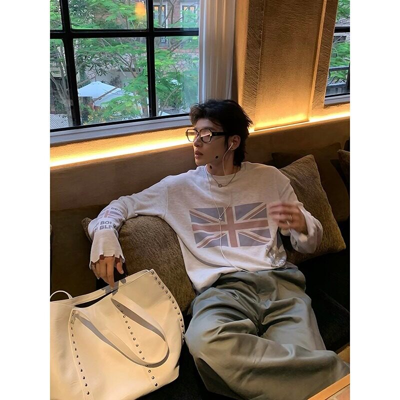 美式复古华夫格长袖打底衫男女同款街头英伦风做旧米字旗休闲T恤