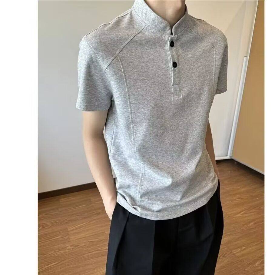 美式复古亨利领T恤男款夏季cleanfit短袖正肩显瘦短款上衣polo衫