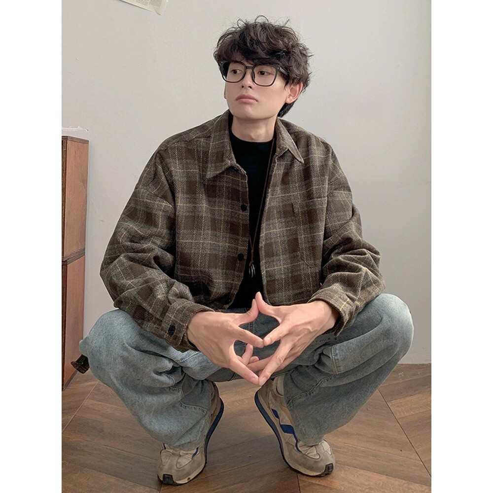 小香风格子外套男春秋款潮流美式复古港风chic高级感青少年夹克厚