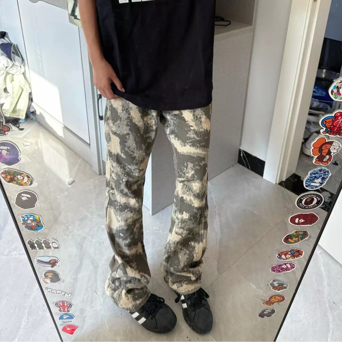美式高街cleanfit潮牌复古沙漠迷彩微喇牛仔裤男修身显瘦工装裤子