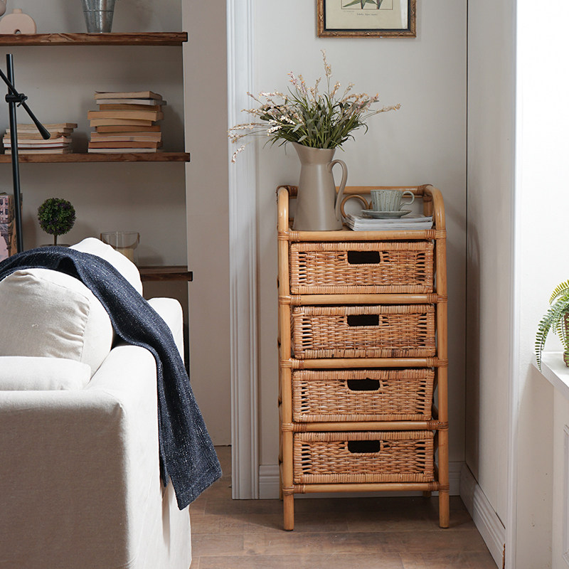 藤编卧室小型床头柜置物架超窄夹缝柜抽屉收纳柜简约床边柜储物柜