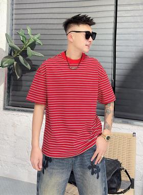 YULE语乐/39960经典撞色条纹短袖T恤春季加厚休闲圆领棉质半袖T