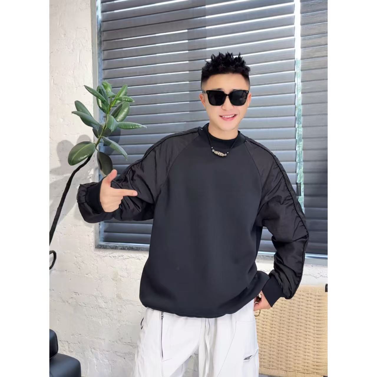 YULE语乐 7707户外防风拼接棉服袖卫衣冬季加绒加厚休闲圆领卫衣