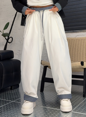 YULE语乐 5871拼接格纹卷边休闲裤秋季宽松褶位直筒阔腿裤长裤