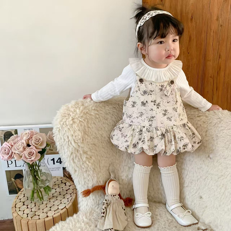 韩版春季女童周岁碎花背带裙荷叶领打底衫两件套洋气公主连衣裙子