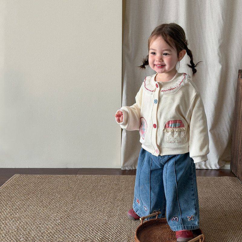 韩版春季周岁女童开衫娃娃领刺绣洋气时髦春秋外套牛仔阔腿裤套装,童装/婴儿装/亲子装,毛衣/针织衫,淘宝优惠券,粉丝福利购,淘宝优惠卷