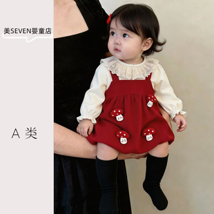 婴幼儿女童红色公主连衣裙春秋季长袖蕾丝领打底衫甜美周岁生日裙