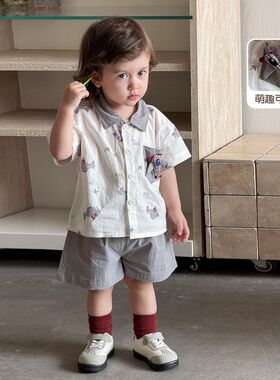 男童套装夏装2026新款洋气男宝宝短袖衬衫纯棉短裤夏季衣服两件套
