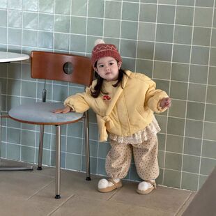 韩版女童冬季加厚棉服套装洋气可爱女宝周岁冬季黄色棉衣（送包）