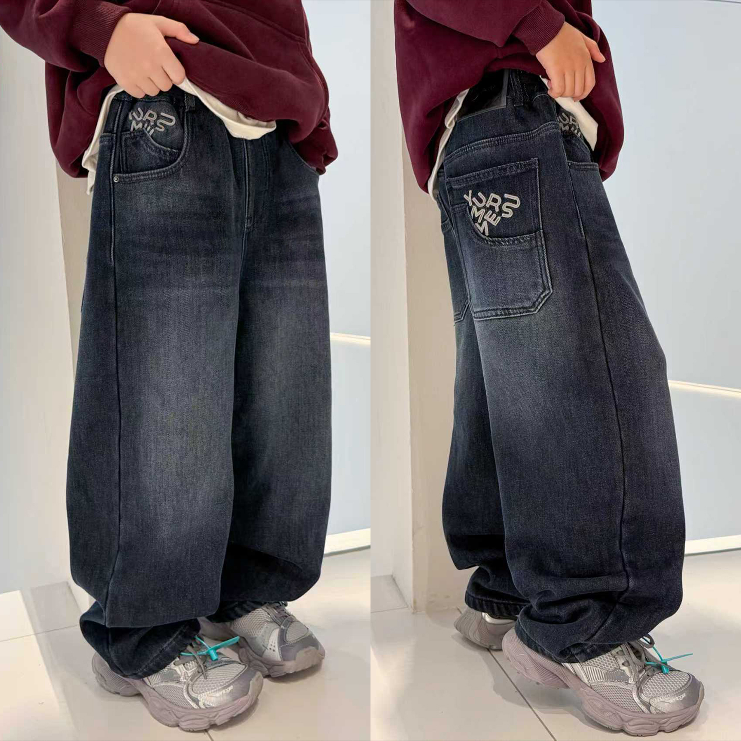 大E小e男童加绒牛仔裤2025冬装新款中大儿童加厚一体绒裤子66607