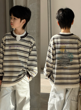 大E小e儿童长袖T恤2026春装男女童假两件中大童条纹打底衫26037