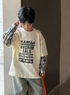 大E小e童装男童长袖T恤2026春装新款中大童假两件儿童打底衫26025