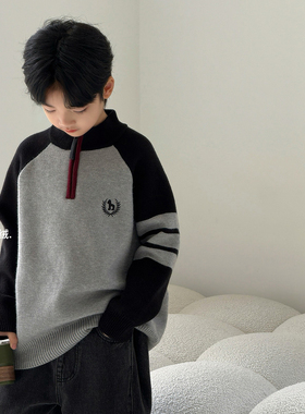 大E小e儿童加绒毛衣2025冬装新款中大童撞色加厚半拉链上衣25009
