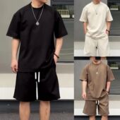 新品 男潮流简约宽松情侣款 百搭纯色休闲运动短袖 套装 短裤 2024夏季