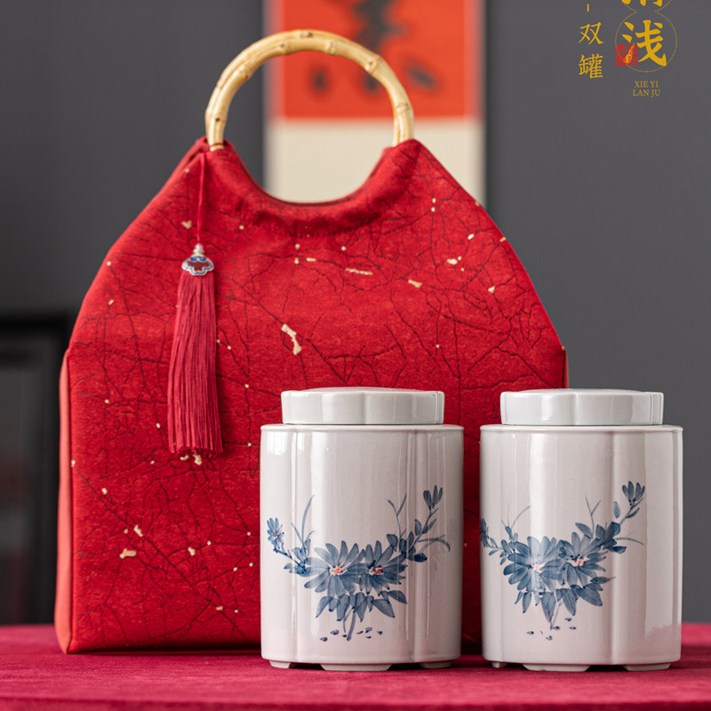 高档手绘陶瓷罐布艺包茶叶礼盒包装盒绿茶红茶白毫银针茶叶罐摆件图片