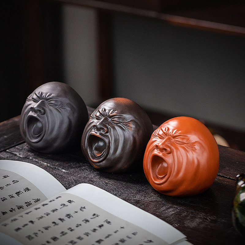 紫砂茶宠摆件打哈欠人头像