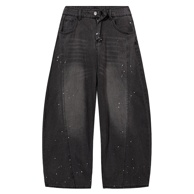 潮牌美式高街泼墨阔腿牛仔裤男垂感廓形水洗做旧复古宽松弯刀裤女