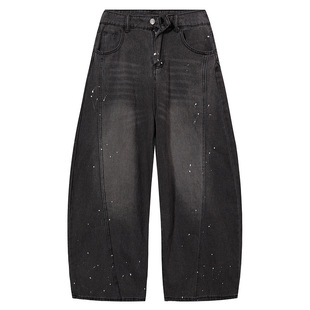 潮牌美式高街泼墨阔腿牛仔裤男垂感廓形水洗做旧复古宽松弯刀裤女