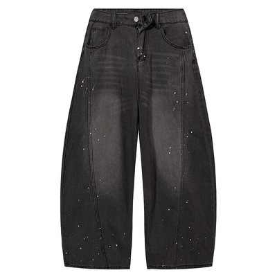 潮牌美式高街泼墨阔腿牛仔裤男垂感廓形水洗做旧复古宽松弯刀裤女